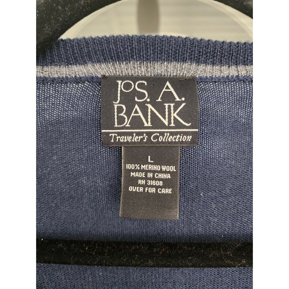 JOS A Bank Traveler Collection Large 100% Merino Wool Blue V-Neck Sweater - Picture 3 of 4